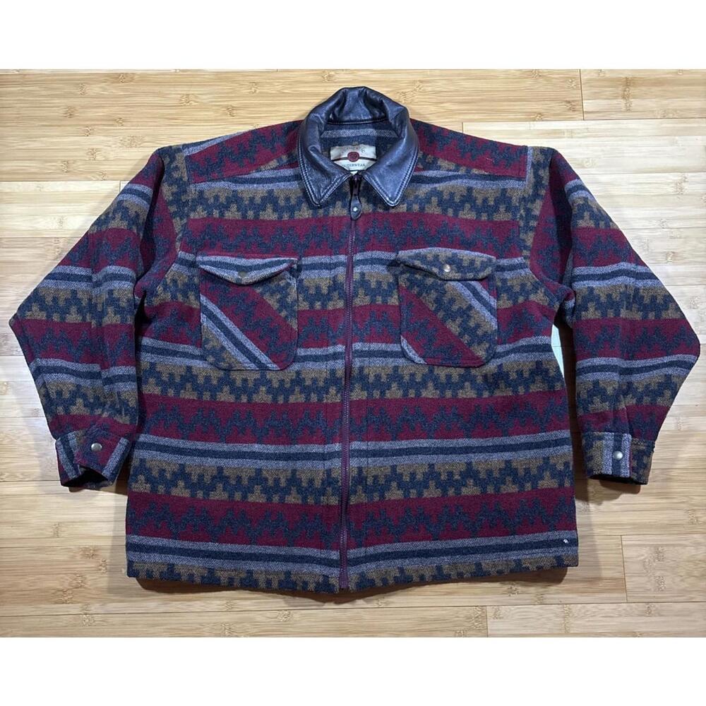 COPY - Authentic Outerwear Wool Vintage Jacket L Aztec Western Coat Leather Col…